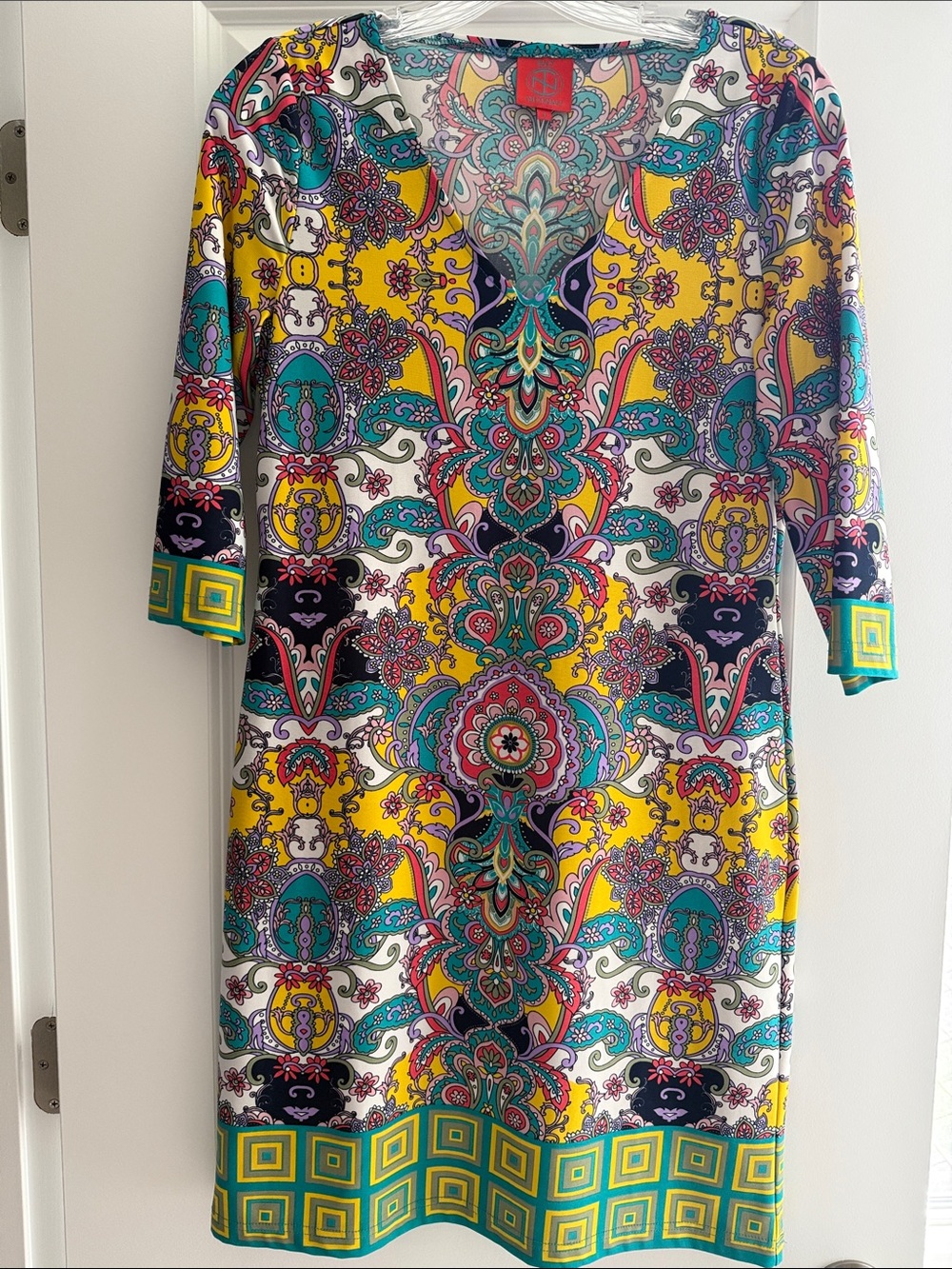 Tracy Negoshian Yellow Teal Pink Paisley Midi Dress